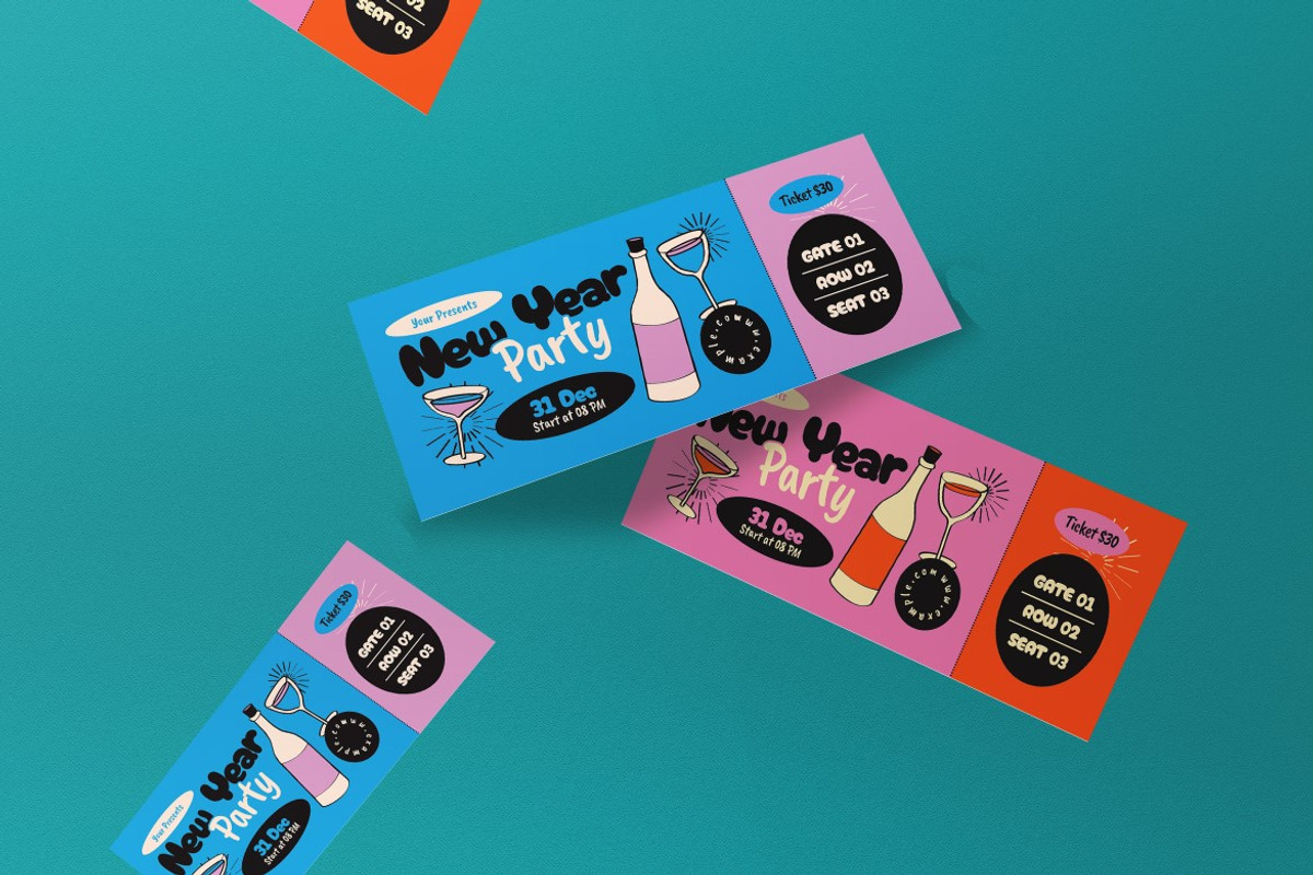 Pink Quirky New Year Party Ticket, a Card Template by graphicook (Photo 3 of 3)