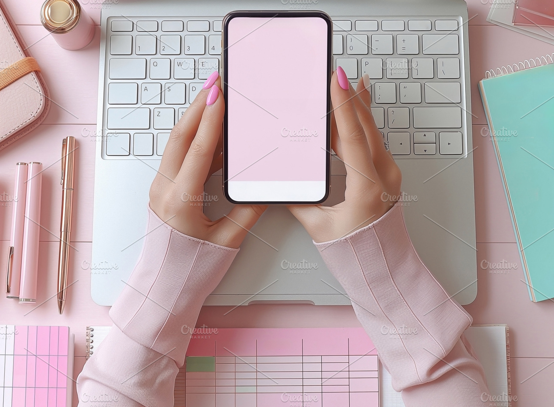 A woman’s hands hold a smartphone with a blank screen, surrounded by a pastel, a Photo by ImageMir