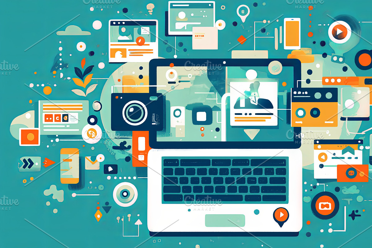 Digital media and content creation visualized with icons and connectivity, an Illustration by AS photostudio