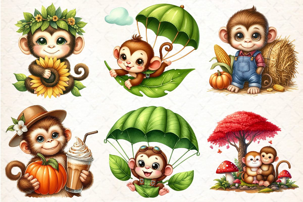 Cute Autumn Monkey Sublimation, an Illustration by DreamCafeArt (Photo 4 of 4)