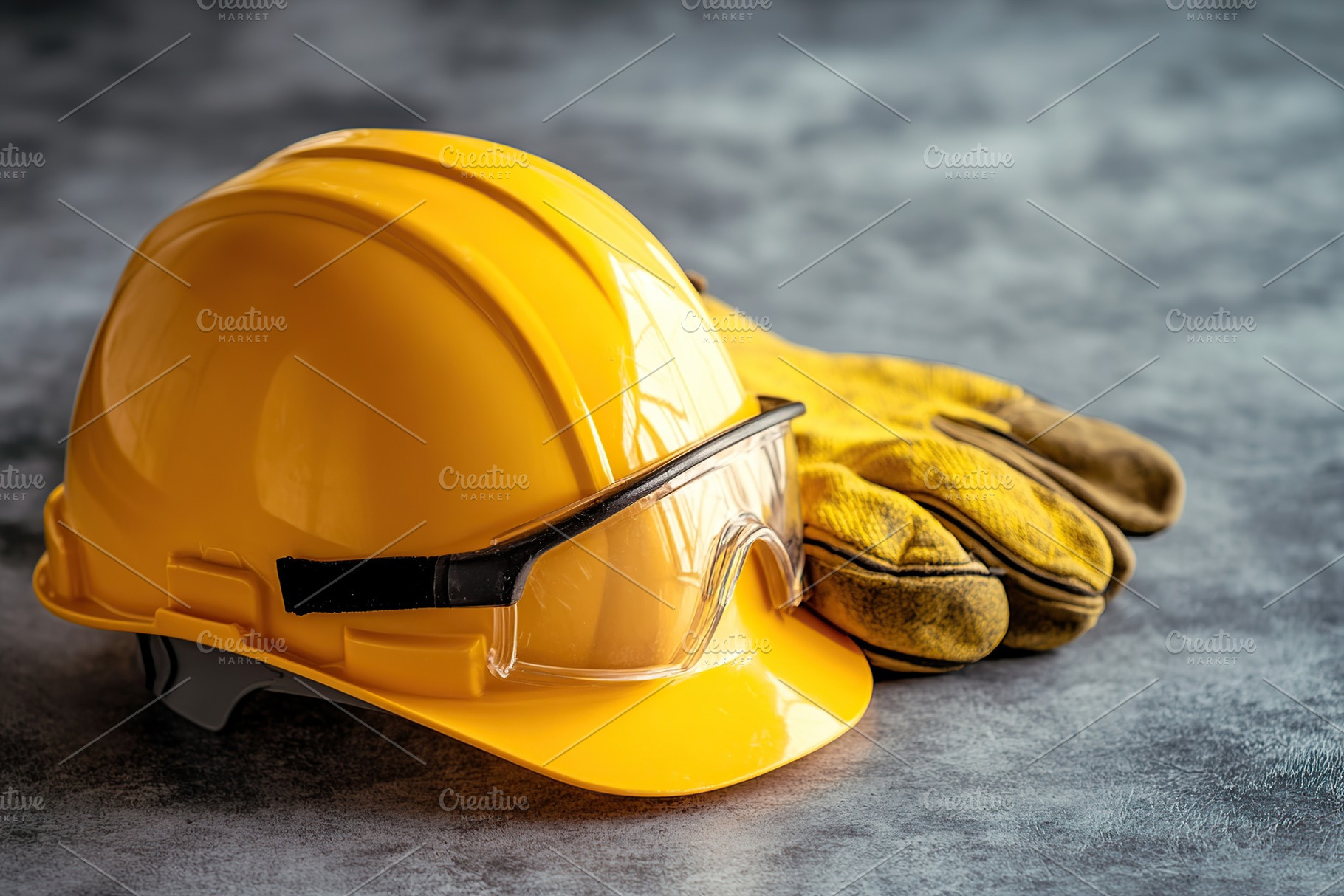 A yellow safety helmet and gloves are displayed on a colorful surface, emphasiz, an Industrial Photo by AlyaAnd