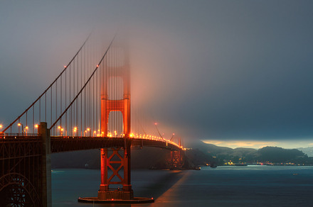 Golden Gate Bridge lit at nigh