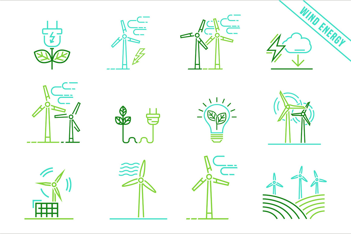Wind power station icons set., an Outline Icon by Anna's Shop
