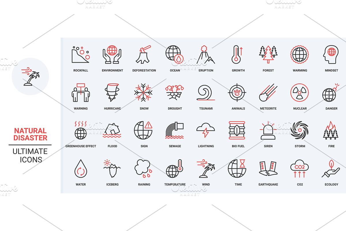 Natural disaster catastrophe icons, an Object Illustration by Lemberg Vector