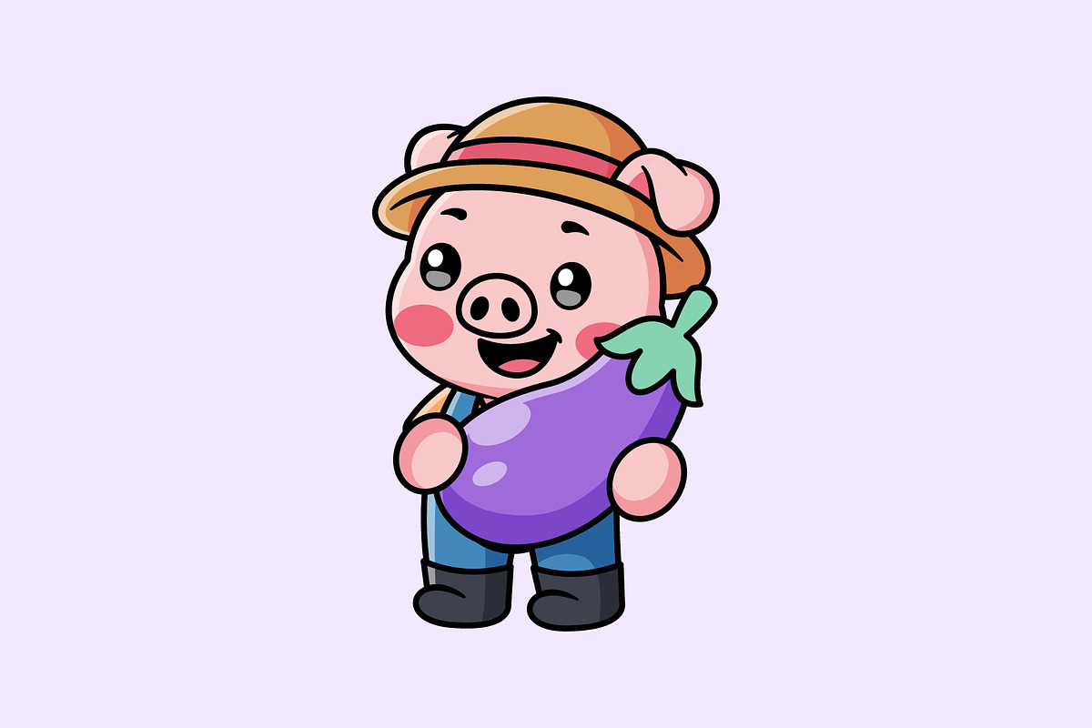 Cute Pig Farmer Holding Eggplant, an Illustration by Jaysx1