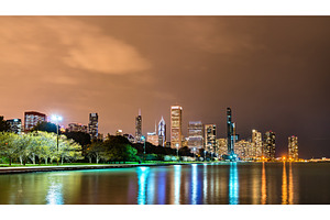 Night chicago skyline from lake stock photo containing chicago and skyline, an Architecture Photo by Leonid Andronov