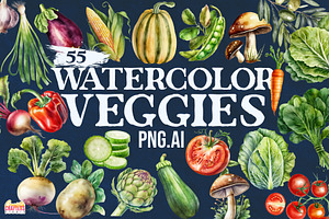 55 Vegetables Watercolor Clipart PNG