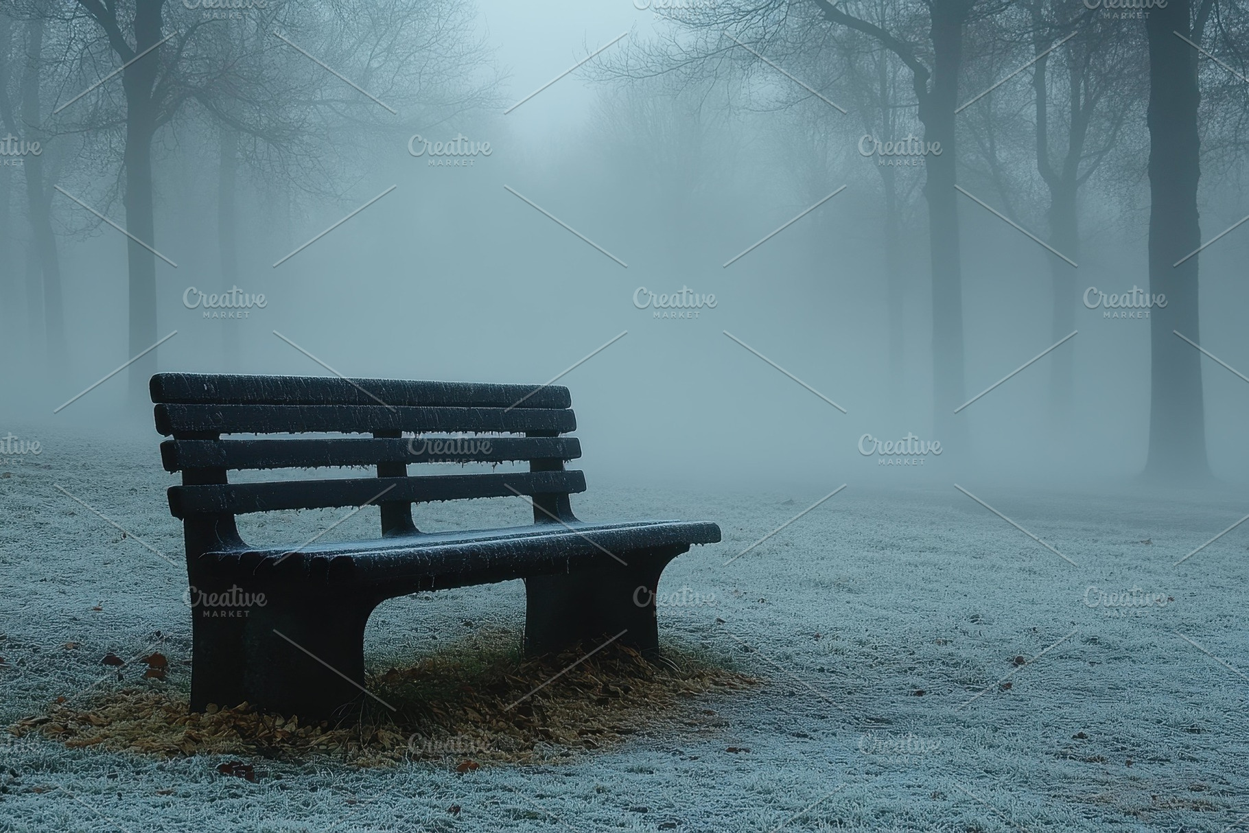 Misty morning with a lonely bench in, a Photo by Tanuart