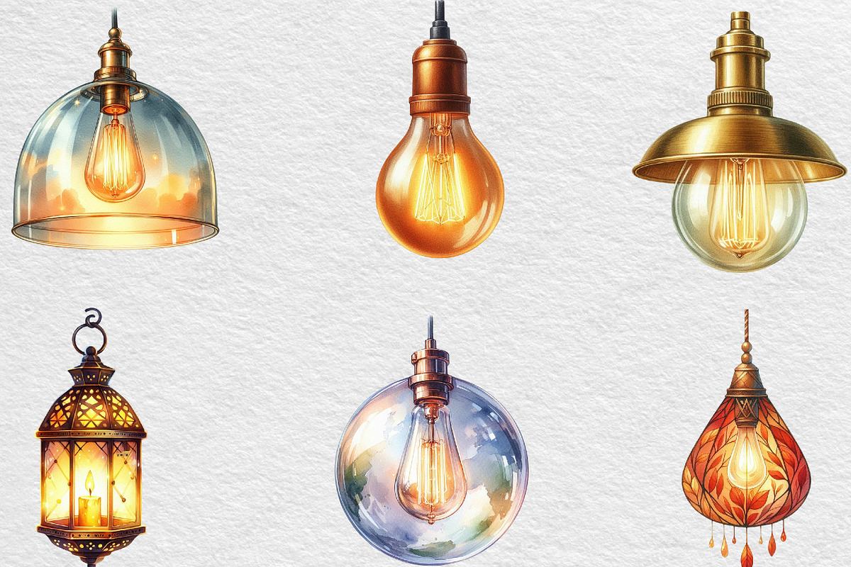 Watercolor Hanging Light Clipart, an Illustration by Black Bird Studio (Photo 2 of 6)