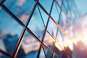 Modern glass building facade at sunset, an Architecture Photo by AlyaAnd