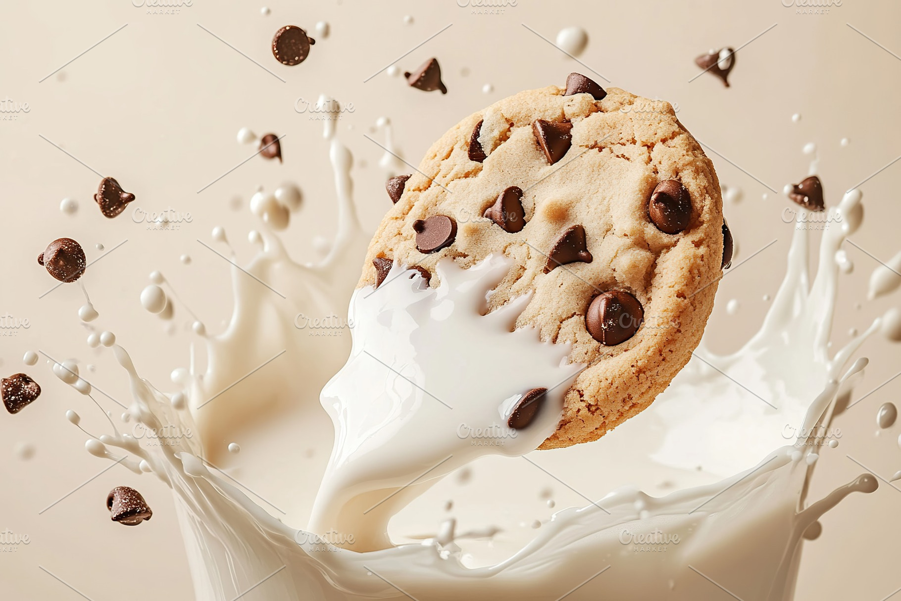 Chocolate cookie falling into white milk, a Food & Drink Photo by AlyaAnd