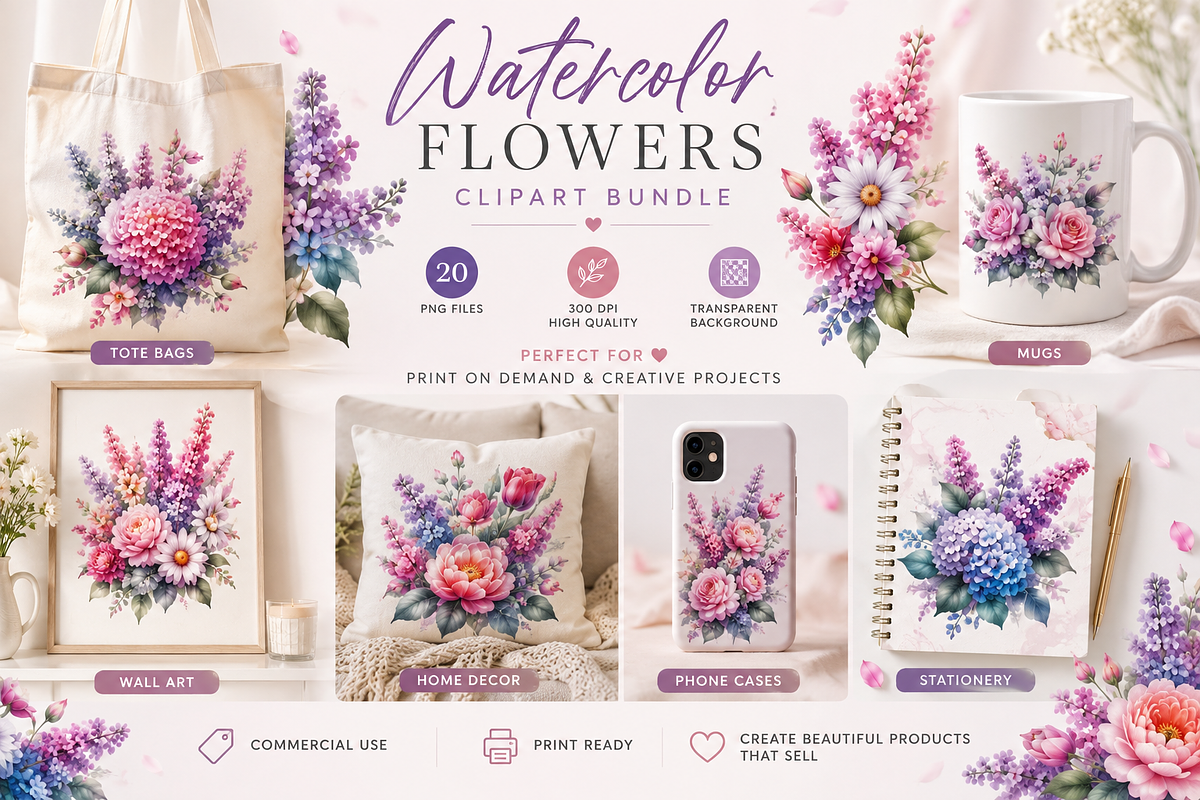Watercolor Spring Flowers Clipart, a Decorative Illustration by ElenazlataArt (Photo 1 of 6)