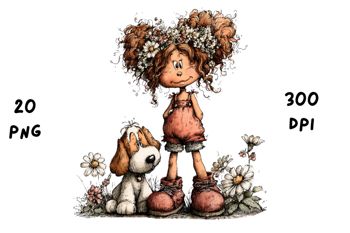 Whimsical Floral Girl and Puppy, an Animal Illustration by GiraffeCreative (Photo 8 of 20)