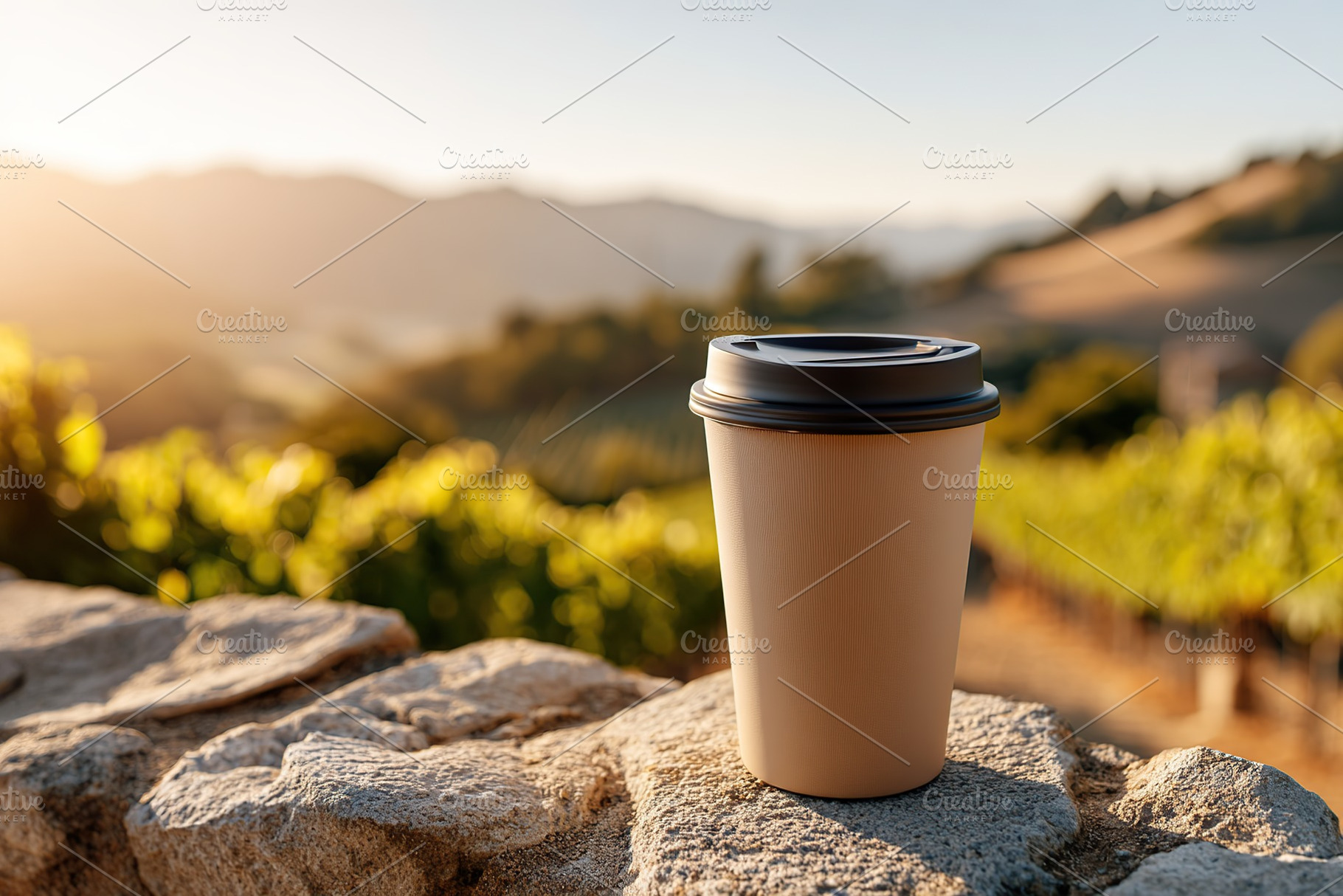 Enjoying coffee in the morning sun near a vineyard on a stone wall, a Food & Drink Photo by AlyaAnd