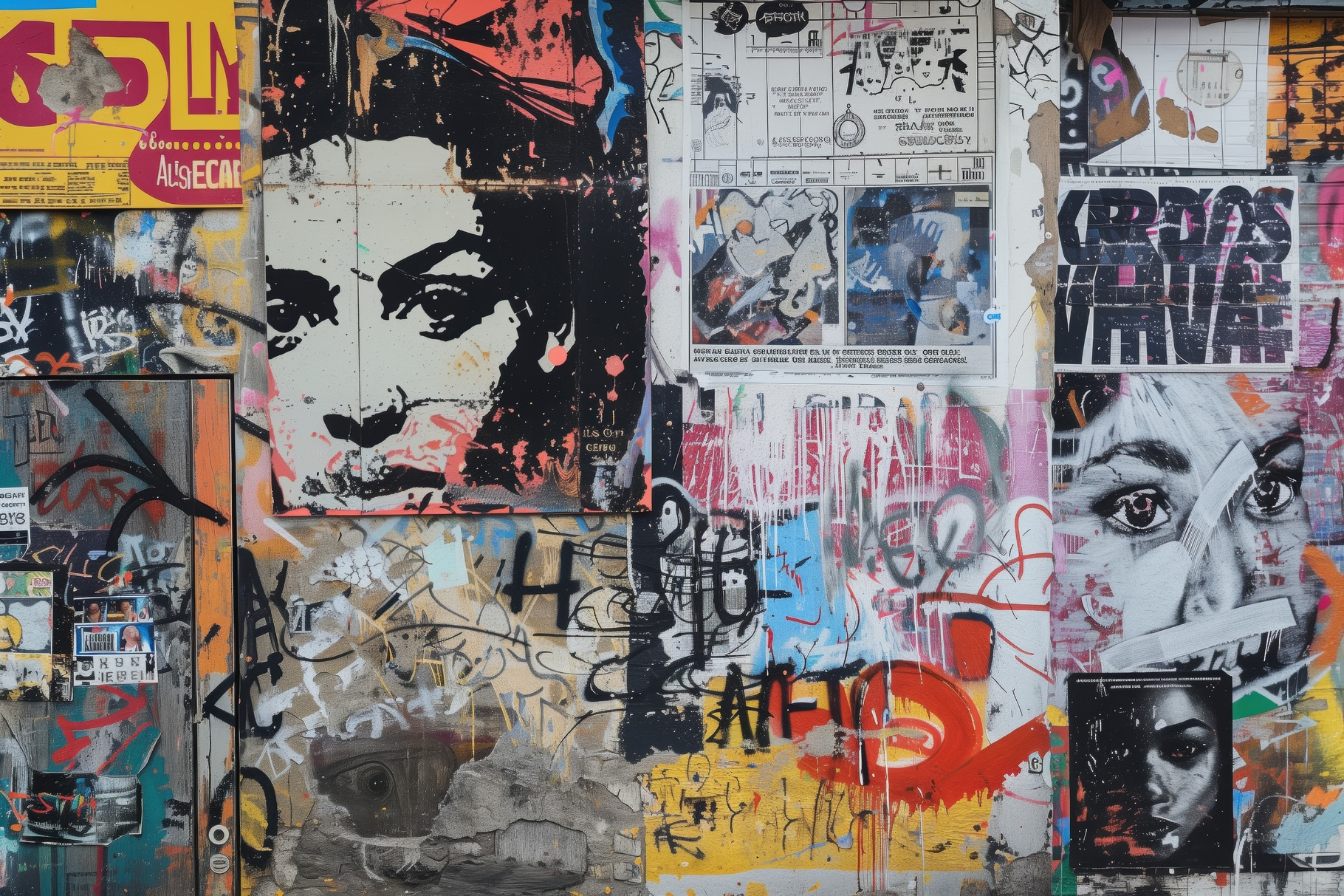 A vibrant urban wall covered in colorful graffiti and street art. The ...
