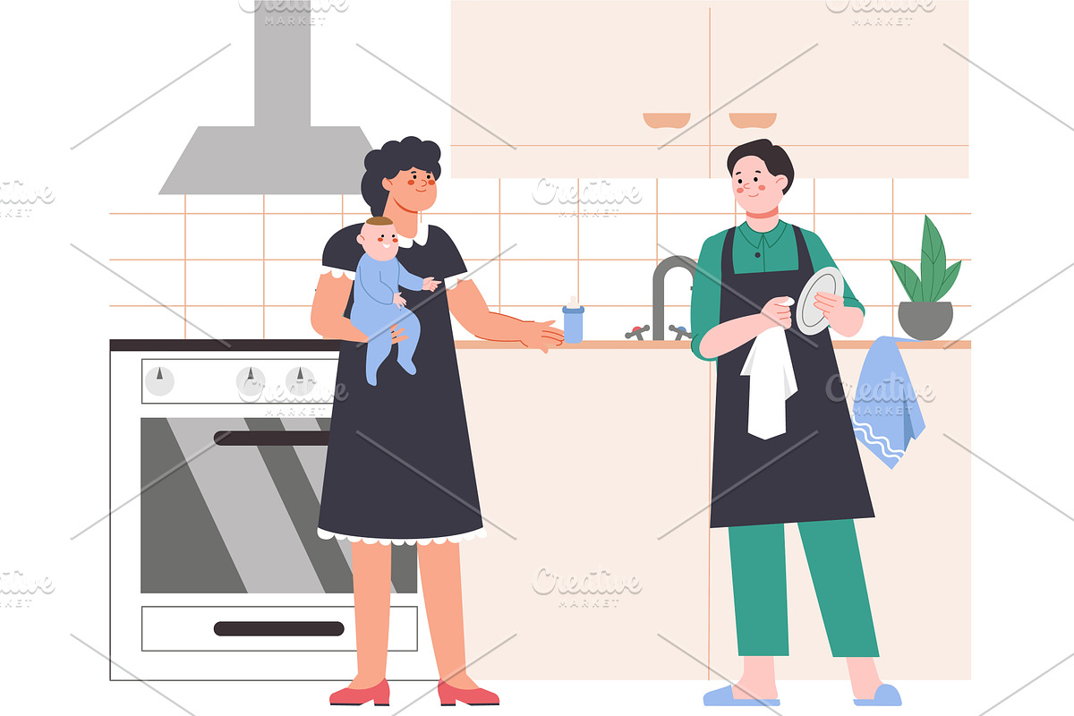Young family on kitchen. Woman, a Food Illustration by LadadikArt