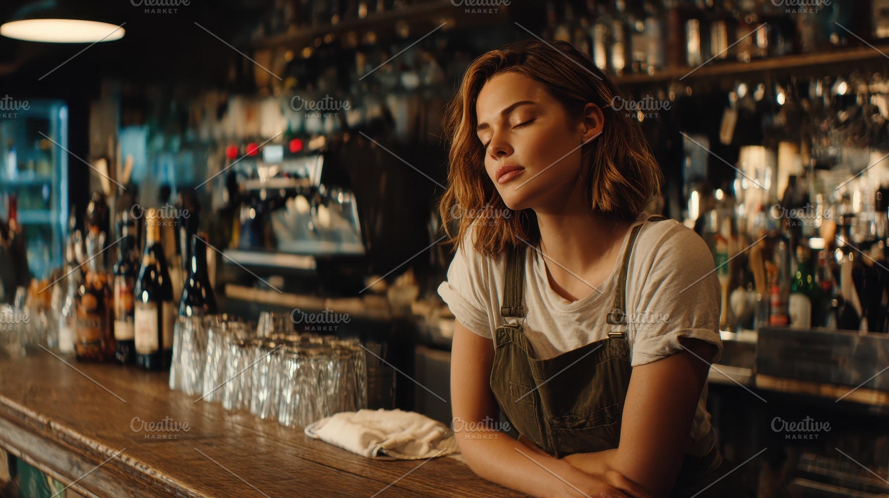 Young woman bartender resting at bar, a Photo by Pixeness Studio