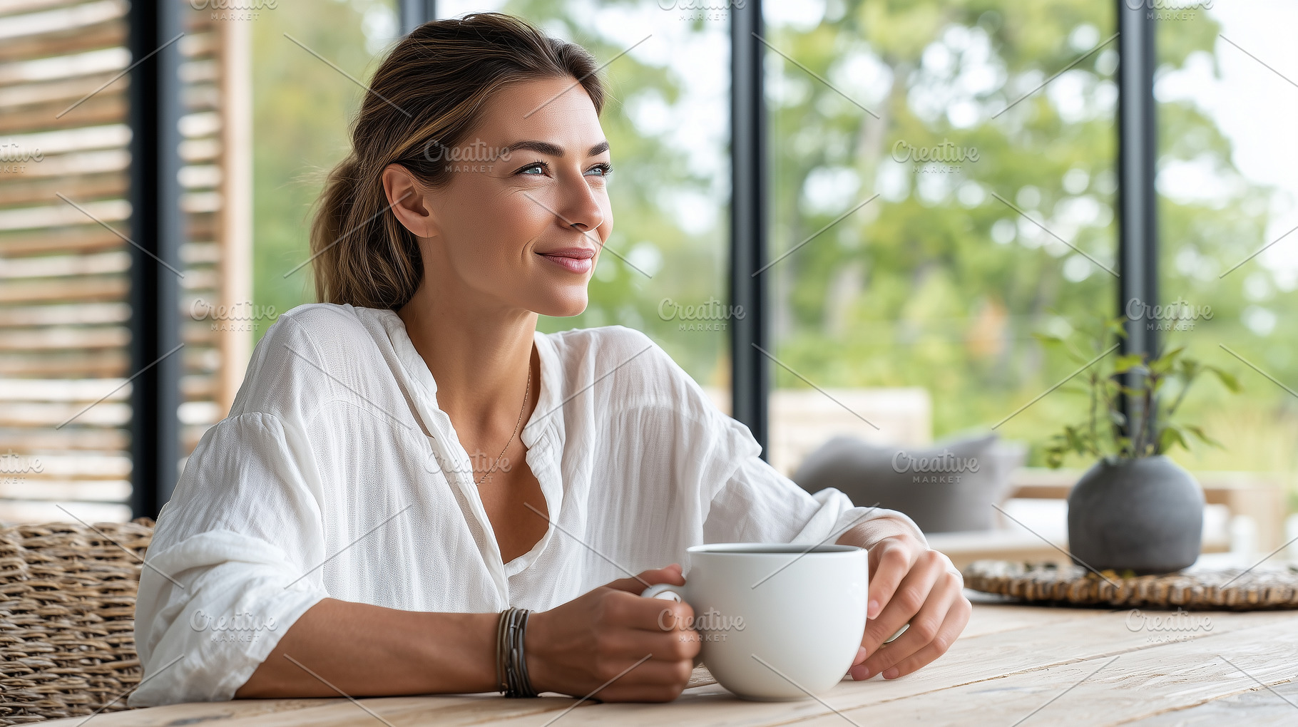 Smiling woman in white blouse sit, a Food & Drink Photo by MistyDay