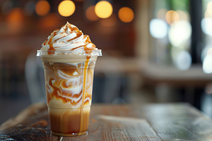 Iced coffee latte in cup on lights background, a Food & Drink Photo by AlyaAnd