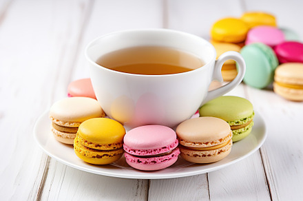 Colorful macarons with cup of tea on wooden background, a Food & Drink Photo by AlyaAnd
