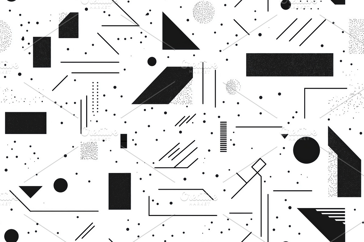 A modern abstract pattern featuring various geometric shapes in black and white, a Texture Graphic by Textures & Backgrounds