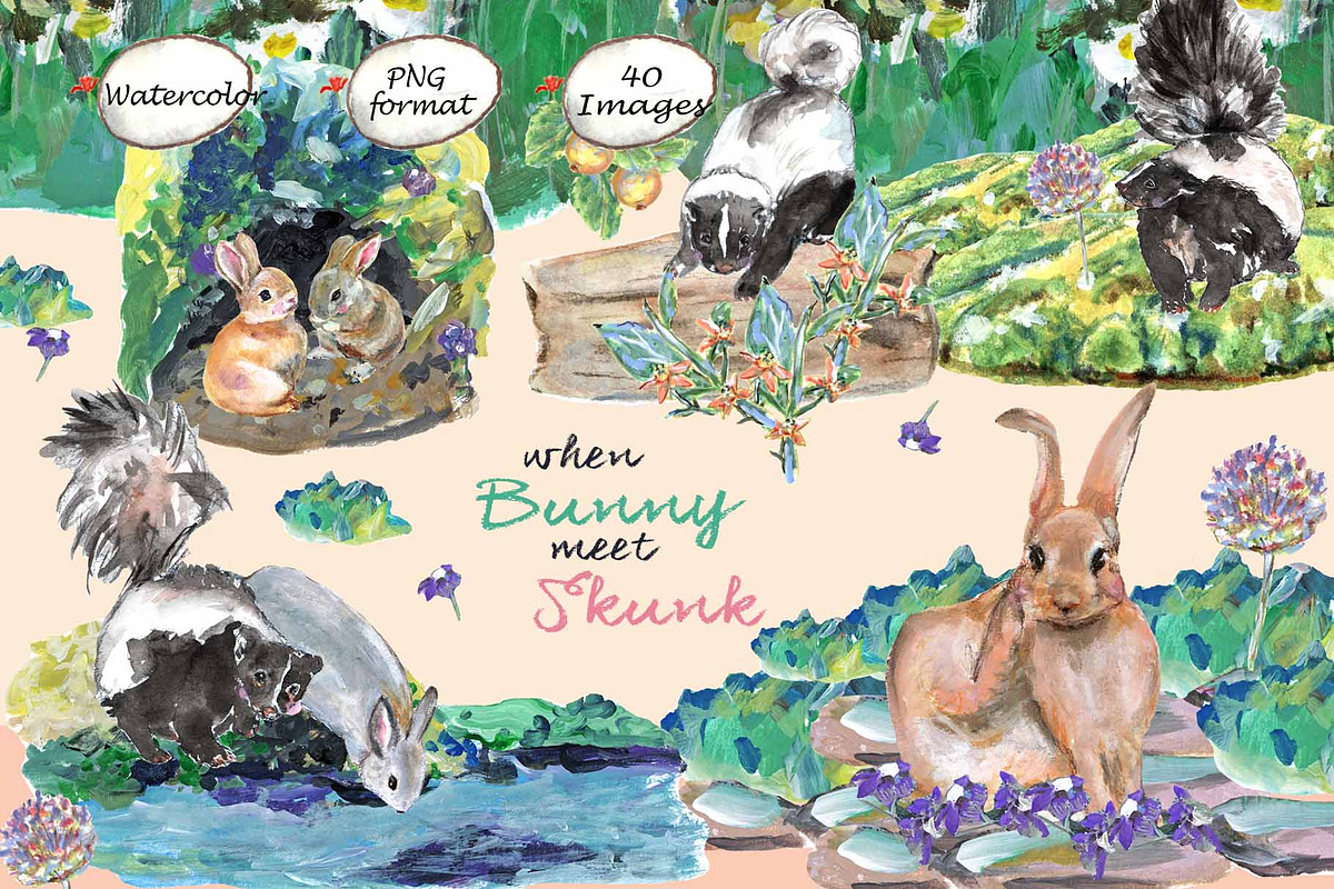 Bunny & Skunk-Watercolor Clipart, an Animal Illustration by VianneArt (Photo 1 of 8)