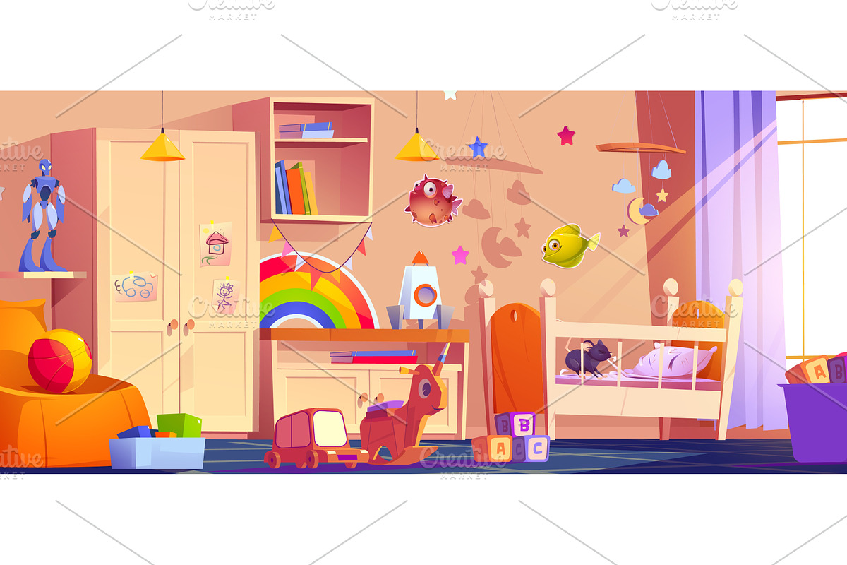 Mouse chewing on bedding in crib in, an Object Illustration by art PVP - market