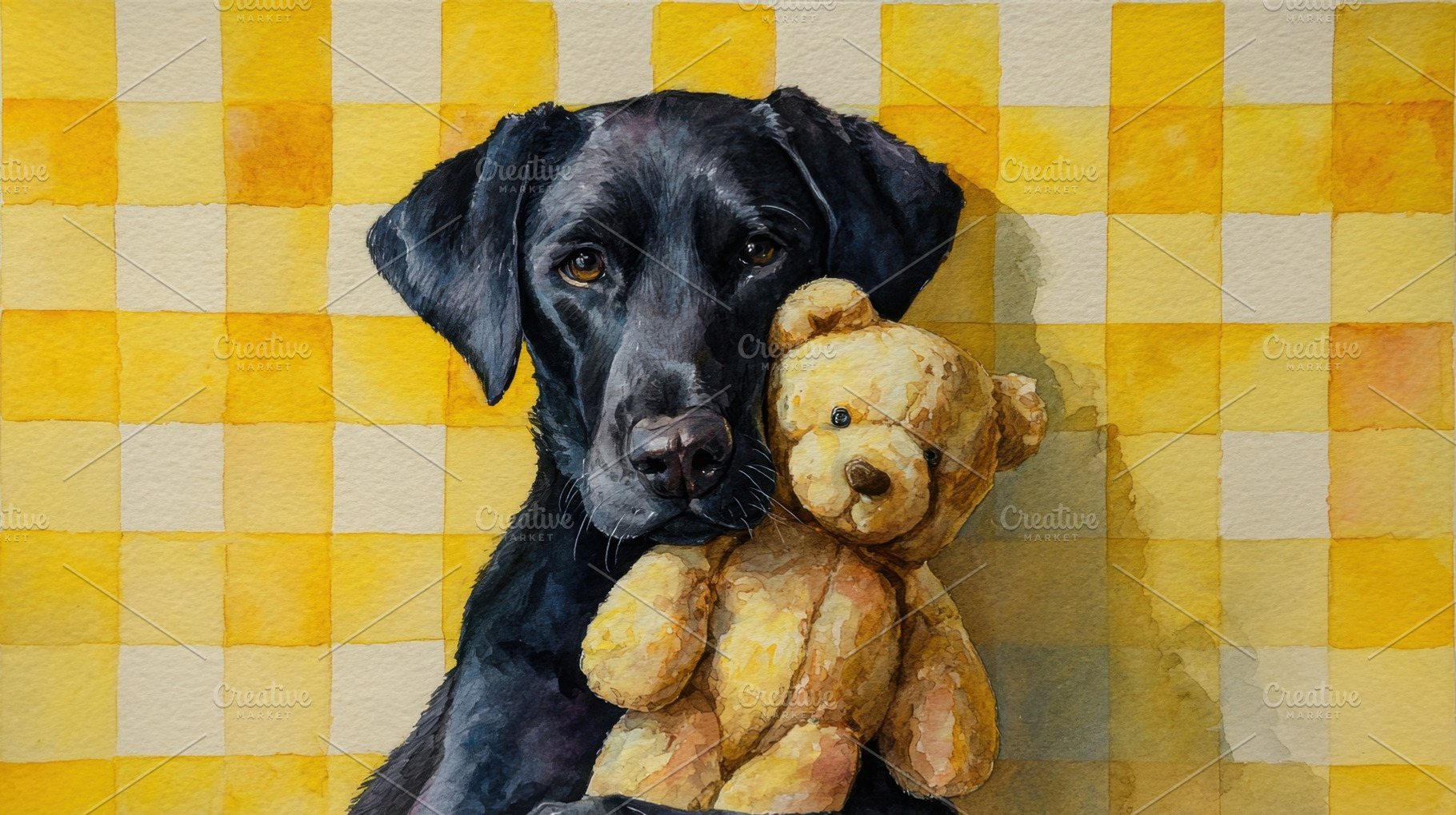 Black dog holds teddy bear in art, a Photo by Beautiful things
