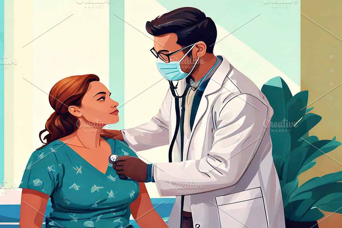 Patient being examined by a doctor using a stethoscope, a Healthcare Illustration by DanFLCreativo