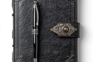 Black Leather Journal with Ornate Pe, a Photo by Pixeness Studio