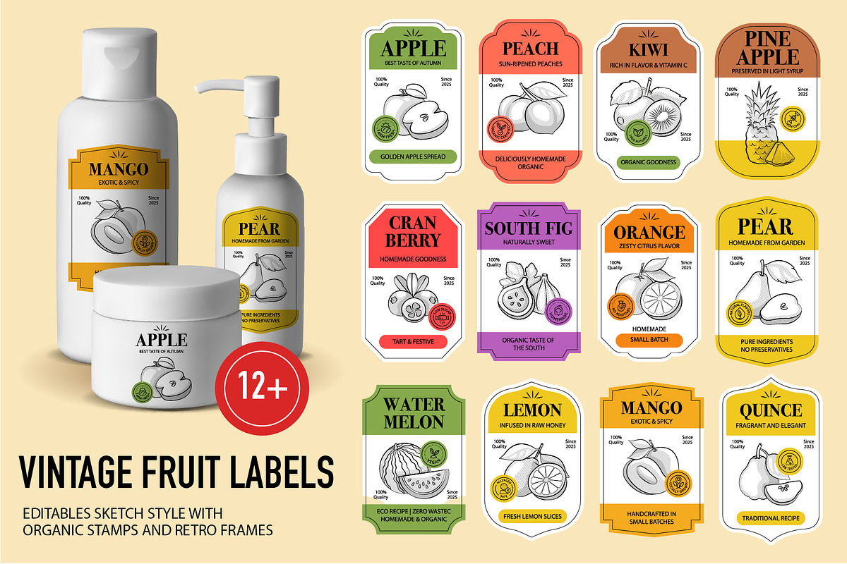 Fruit Design Kit – Vintage Templates, a Food Illustration by Lettering_Logo (Photo 4 of 14)