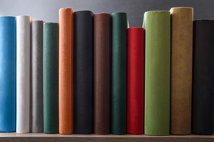 Row of books showing various colored spines on a shelf