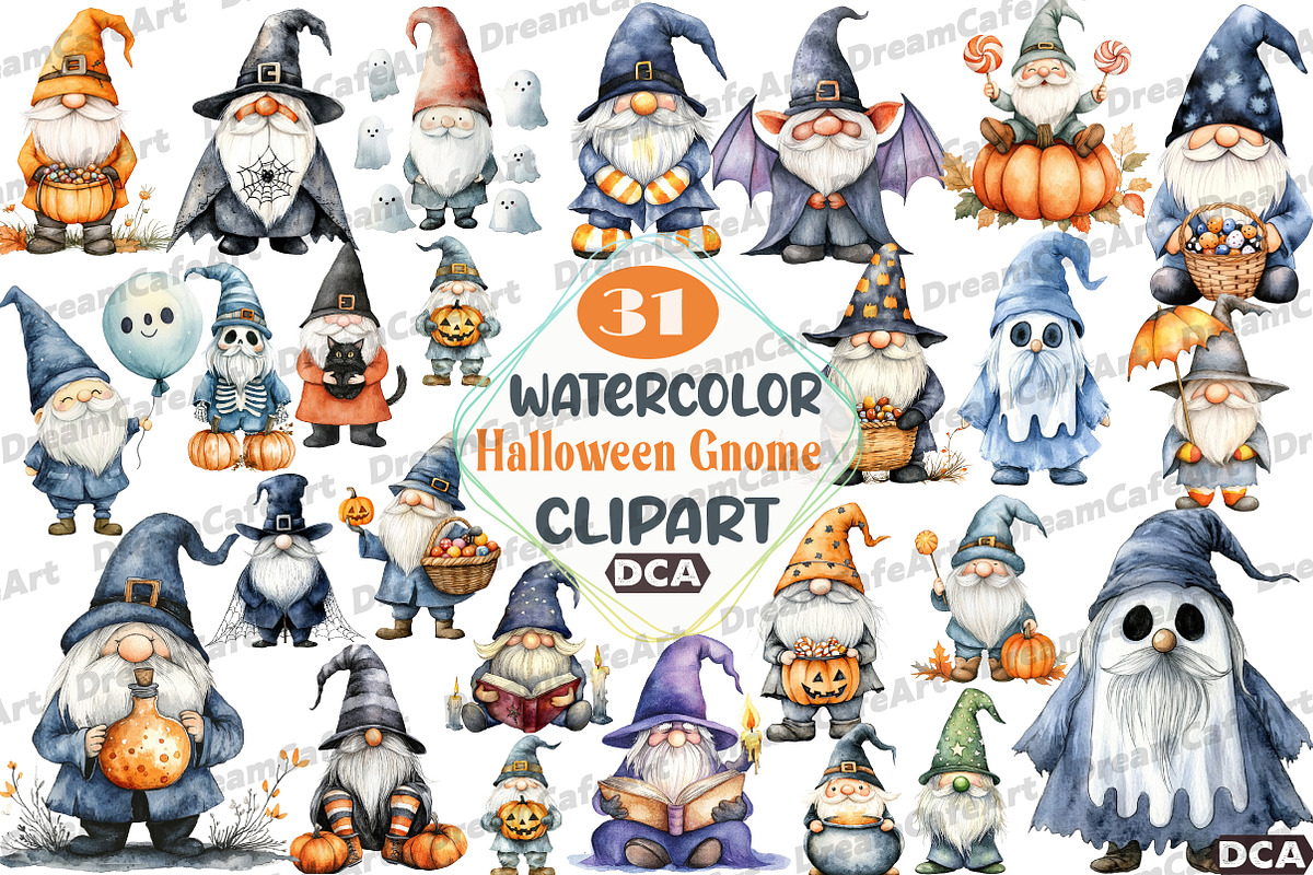 Halloween Gnome Clipart, an Illustration by DreamCafeArt (Photo 1 of 7)