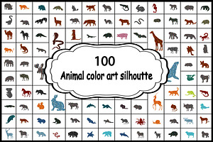 Set 100 colorful silhouettes animals