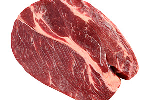 A fresh piece of raw marbled beef with pronounced fat layers and, a Food & Drink Photo by ndanko