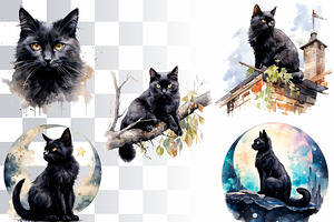 10 Black Cats Watercolor Clipart