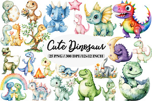 Cute Dinosaur Watercolor Clipart, an Illustration by Daily.Designs