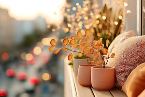 Urban balcony adorned with autumn foliage at sunset, creating a cozy atmosphere, a Photo by AlyaAnd