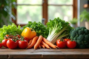 Fresh organic vegetables arranged on, a Photo by LOGOCREATIVE