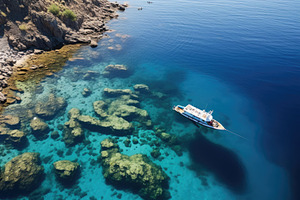Aerial view of a boat in the blue se, a Photo by Iftikhar Alam