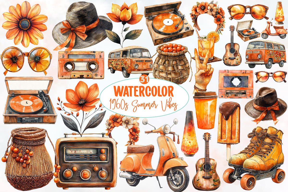 1960s Summer Vibes clipart, a Seasonal Illustration by Designworld (Photo 1 of 5)