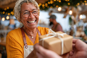 Elderly Woman Receiving Gift at Festive Market, a Person Photo by AlyaAnd