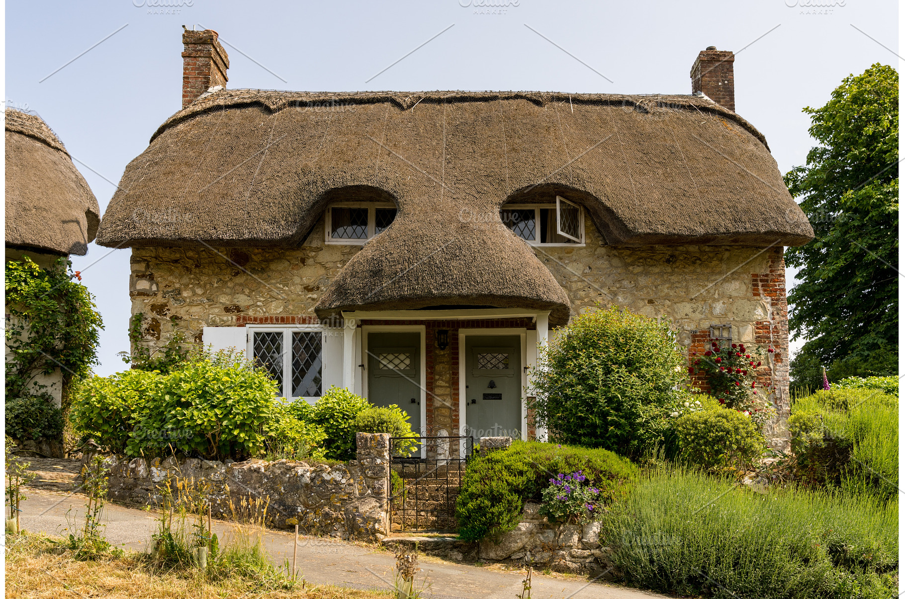 Pair of cute thatched cottages on, an Architecture Photo by Backyard Stock