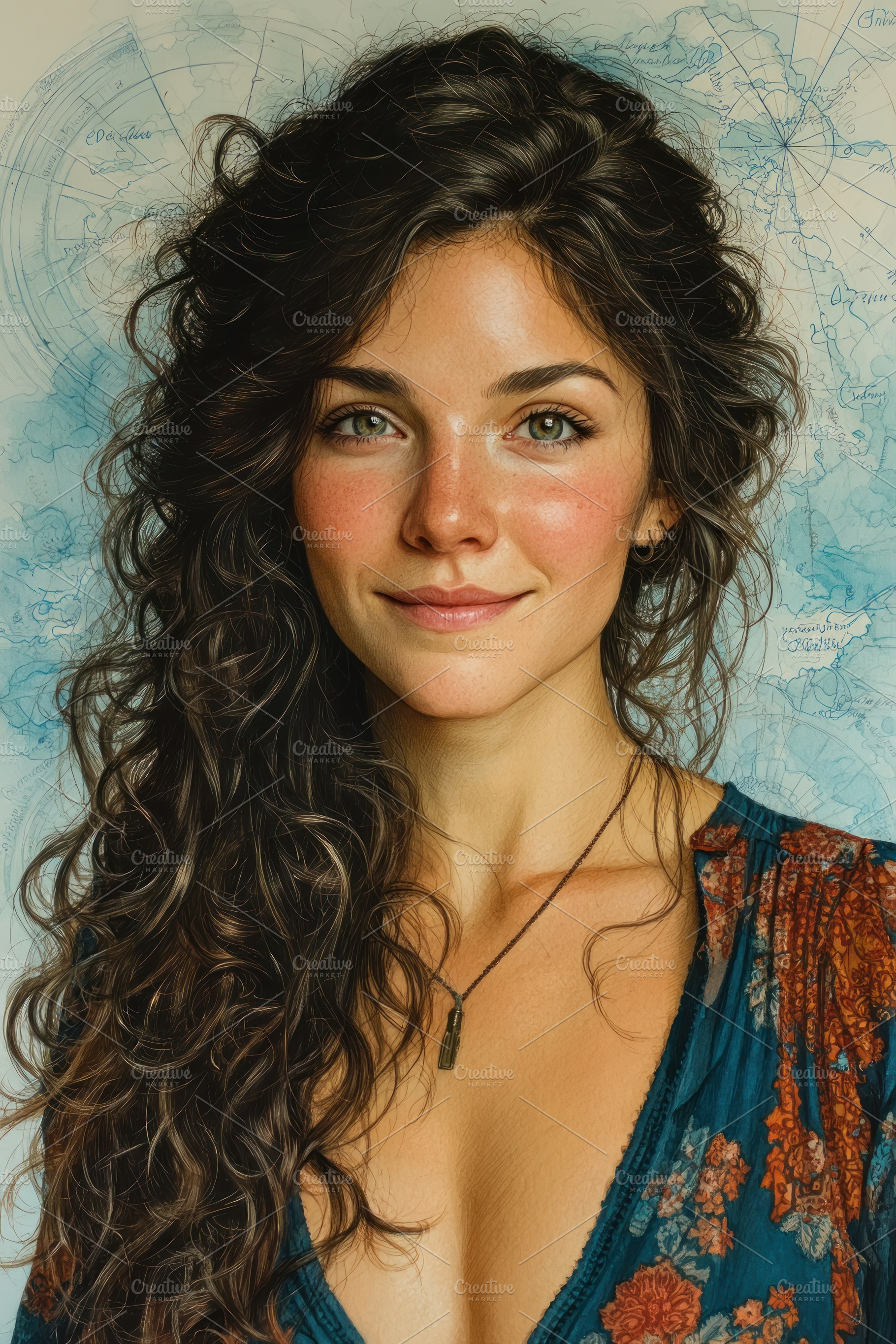 Beautiful Woman Portrait with Curly Hair Against Vintage Map Bac, a Person Photo by José Manuel Gelpi