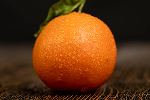 one tangerine with a dried green leaf covered with drops of water, a wet ripe o, a Photo by rsoollAI