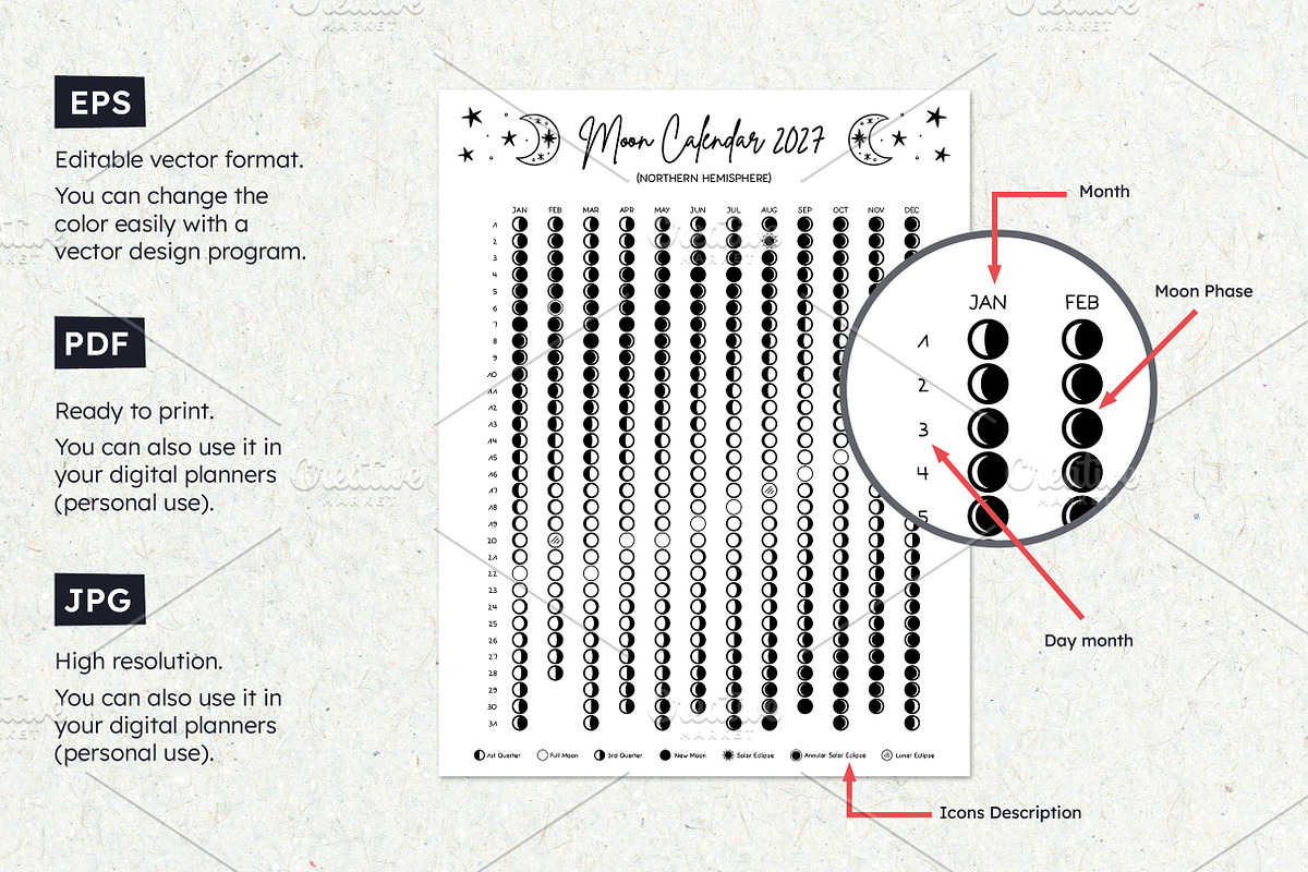2027 Moon Phase Calendar B&W North, a Poster Template by insemar (Photo 3 of 4)