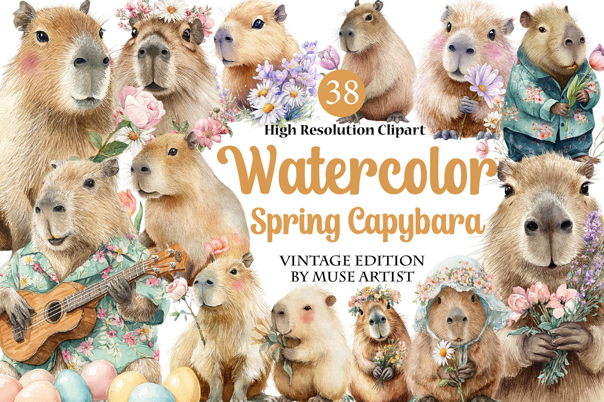 Watercolor Spring Capybara Clipart, an Illustration by DreamArtGraphic (Photo 1 of 4)