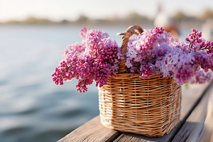 Fresh purple lilac flowers in a basket by the water in springtime, a Nature Photo by AlyaAnd
