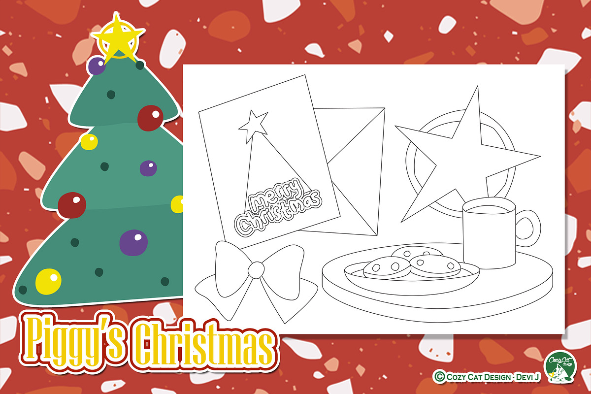 Piggy Christmas Coloring Pages, an Education Illustration by Cozy Cat Design (Photo 5 of 7)