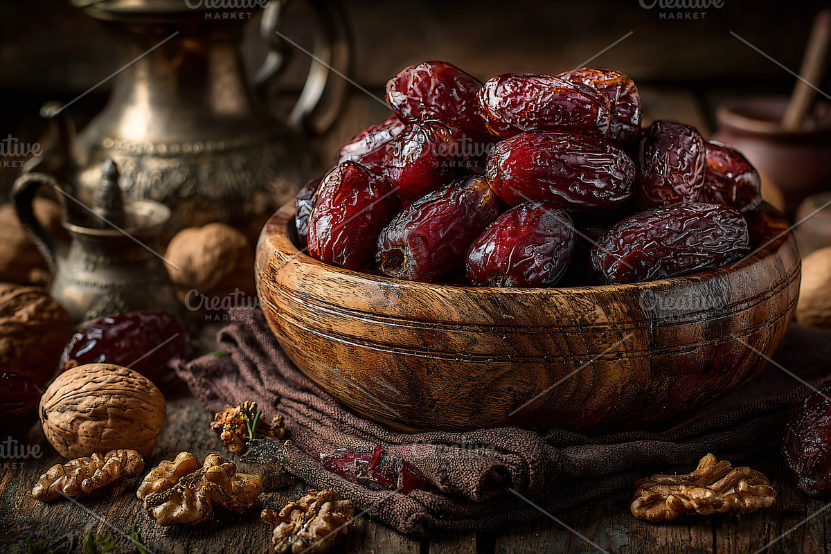 Dates and walnuts on wooden table, a Food & Drink Photo by shahsoft (Photo 2 of 2)